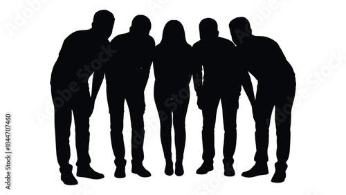 A group of five people standing close together depicted in a stark black silhouette