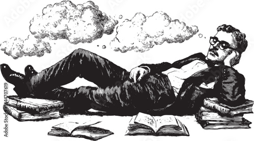 A man in a suit lies back with books. He is deep in thought, with clouds of ideas represented in a black and white vector illustration.