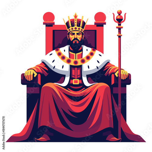 King Ahasuerus seated on royal throne in colorful illustration for Purim storytelling and educational religious design