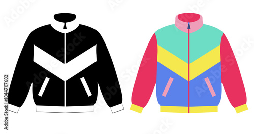 Iconic retro track jackets offer vintage vibes and athletic style, perfect for 80s themed events, sporty designs, and fashion illustrations, available in monochrome and color