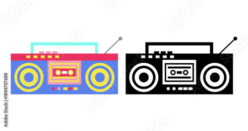 Retro boombox duo for creative projects, featuring a vibrant 80s inspired design and a sleek black and white version, perfect for music lovers and nostalgic designs