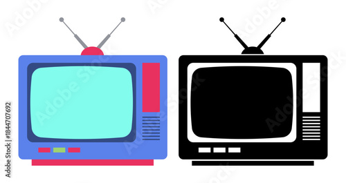 Nostalgic retro television set, a vibrant symbol of vintage media and technology alongside a bold black silhouette, evoking a sense of classic entertainment and iconic design