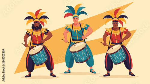 Brazilian carnival drummers wearing feathered headdresses and traditional costumes flat vector illustration for festival and parade themes