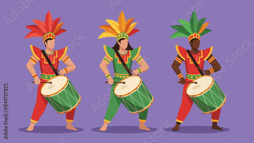 Carnival drummers in colorful festival costumes performing Brazilian samba percussion illustration for cultural celebration design