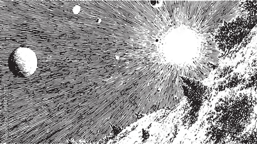 Space scene with a bright sun and distant planets. Bold black and white vector illustration featuring cosmic details and a unique texture.
