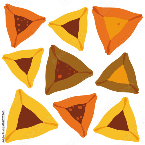 Colorful Hamantaschen cookies illustration set for Purim celebration design and festive baking visuals