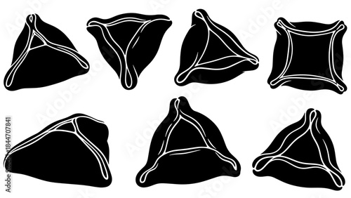 Hamantaschen cookies black silhouette set for Purim holiday icon design and symbolic illustration