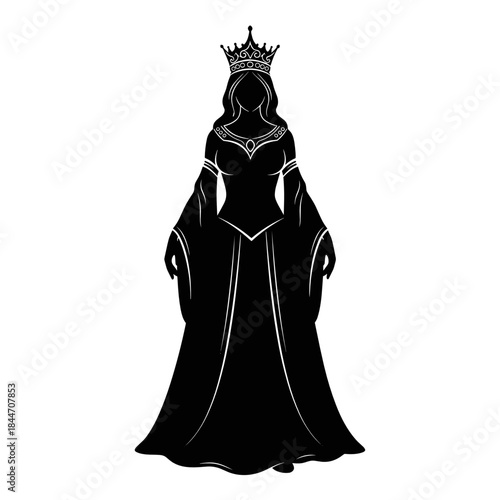 Queen Esther black silhouette in crown and gown for Purim religious illustration and symbolic design