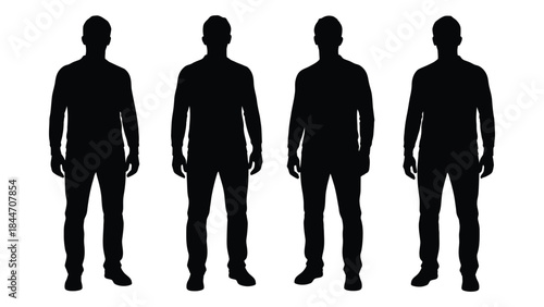 Four male figures standing in a row presented as a stark black silhouette