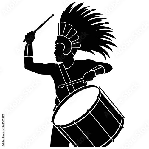Carnival drummer silhouette in traditional Brazilian festival costume with feather headdress isolated on white background for cultural event design