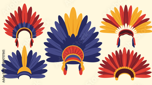 Colorful traditional Brazilian carnival feather headdresses flat vector illustration set for festive design and cultural projects
