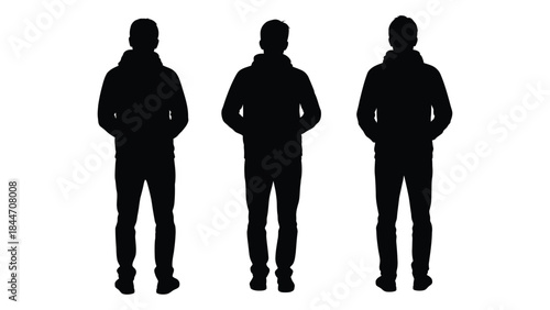 Three figures standing side by side depicted in a stark black silhouette