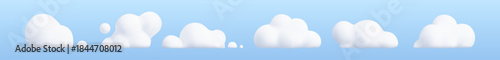 3D cloud icons set with realistic fluffy shapes. White cotton-like weather elements on clean background, perfect for sky scenes, nature graphics, and atmospheric designs.