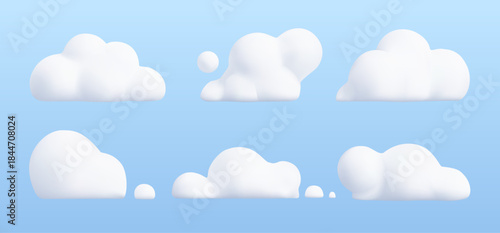 Fluffy white clouds floating in blue sky. 3D render of soft cotton-like cloud shapes. Perfect for weather illustrations, nature backgrounds, and atmospheric designs.