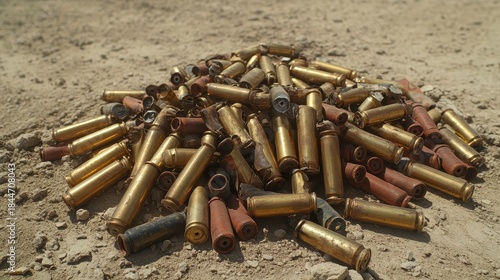 Pile of discarded ammunition casings brass and steel on the ground