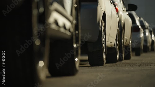 Low-angle view of a line of parked cars along a sunlit urban street, focusing on wheels, tires, and rear bumpers, with shallow depth of field emphasizing roadside alignment