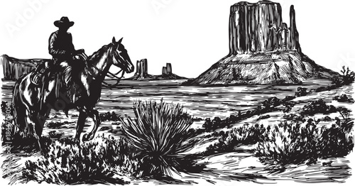 Cowboy riding a horse through a western landscape. Monochrome vector illustration of desert scenery with mountains in a silhouette.