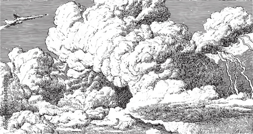 Dramatic clouds in a stormy sky vector illustration. Vintage black and white art featuring lightning and shading, capturing the essence of nature.