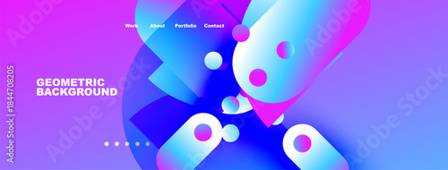 Abstract geometric background. Vibrant colors blend, creating modern website header design. Navigation menu present.