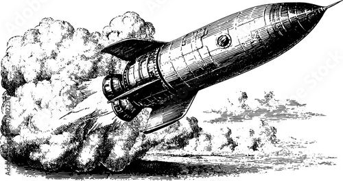 Rocket launch illustration in vintage engraving style. Hand-drawn outline with black stipple design, featuring dynamic motion in a retro vector illustration.