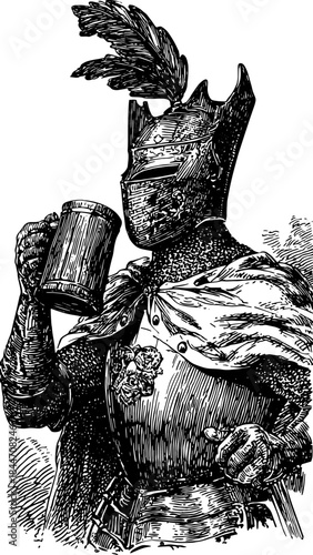 Knight in vintage engraving style holding a mug. Detailed line drawing provides a historical vector illustration set.