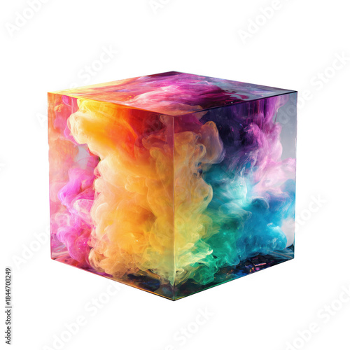 Transparent Cube With Colorful Smoke Isolated