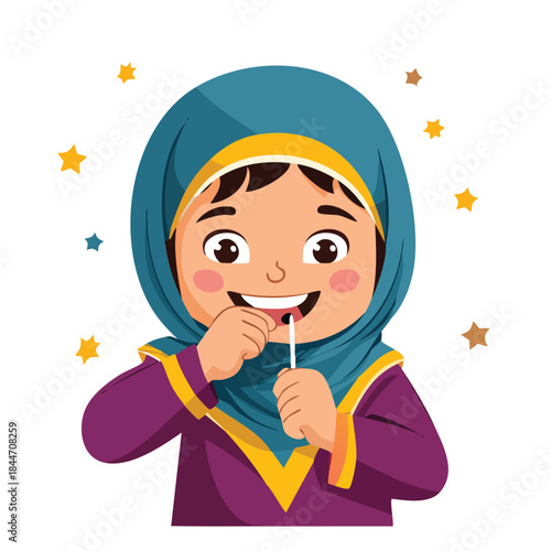 Happy child learns healthy habits flossing her sparkling white teeth