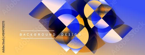 Abstract geometric shapes overlap, creating vibrant gradient effect. Background transitions from yellow to blue. Text reads background design.