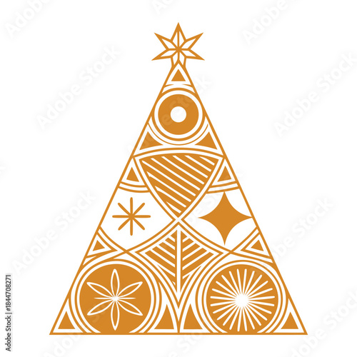 Geometric Christmas Tree with Star and Ornaments in Orange and White abstract