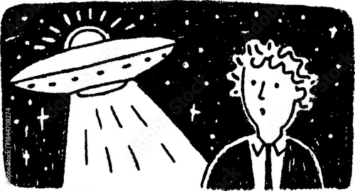 Hand-drawn silhouette of a character and a spaceship. Black outline vector illustration depicting an abduction scene in the universe as a set.