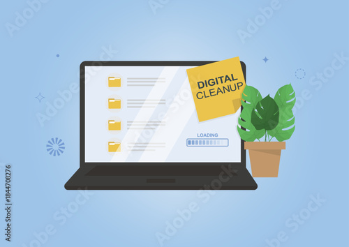Digital cleanup progress on laptop. Laptop screen showing folders list, sticky note reminder and loading bar. World digital cleanup day. Delete files. Flat design. Vector illustration