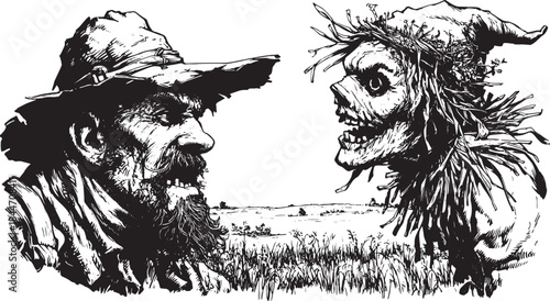 Scarecrow and man facing each other. Black and white vector illustration with detailed expressions in an outdoor rural setting.
