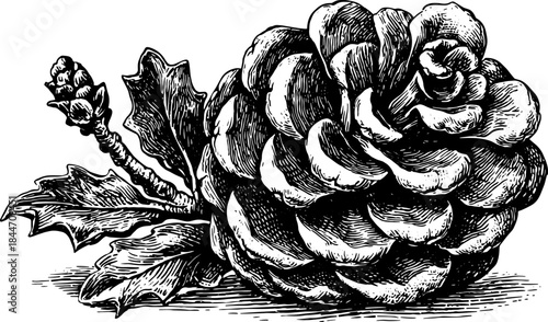 Pinecone flower illustration in vintage style. Black and white outline vector drawing with detailed texture, suitable for botanical design set.