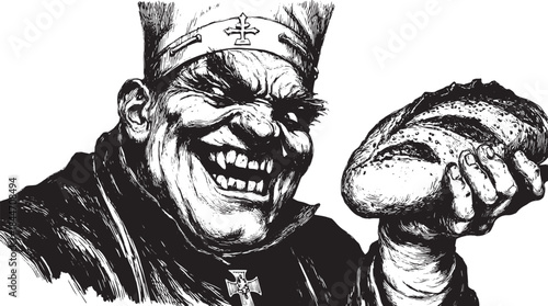 Character portrait of a happy man smiling while holding bread. Black and white vector illustration with detailed line art.