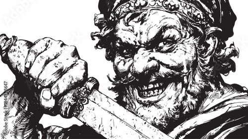 Viking warrior with sword in a detailed black and white vector illustration. The muscular character showcases powerful and menacing features.