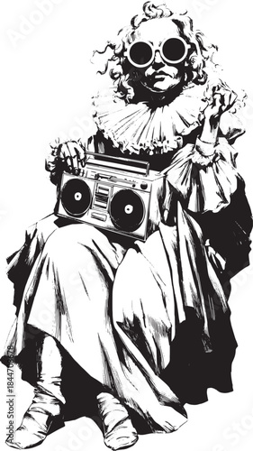 Clown character with a boombox in a unique vintage style. Black and white vector illustration showcasing an eclectic and playful design.