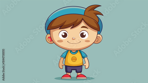 Adorable happy cartoon boy smiling brightly in a blue cap and yellow shirt
