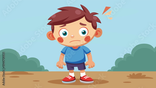 Young boy feeling confused and anxious outdoors on a sunny day