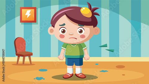 Young boy looks upset with a head bump after an indoor accident