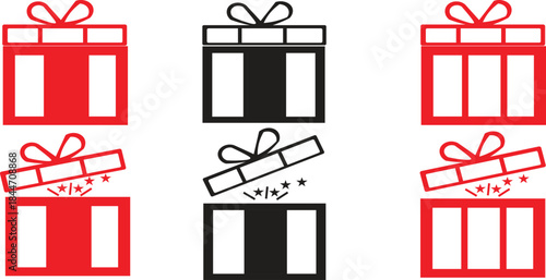 Set of Christmas Gift Boxes with Ribbons, Opened Presents, and Sparkling Stars for Holiday Season Greetings, Perfect for New Year Celebrations