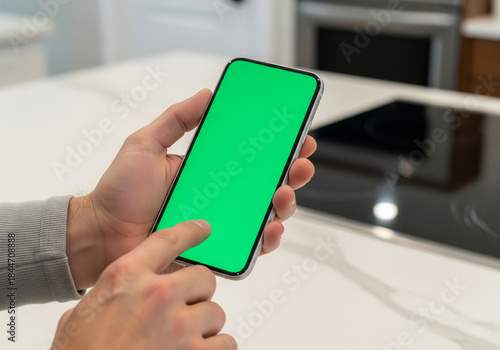 Hand Tapping Green Screen Smartphone Mockup in Kitchen