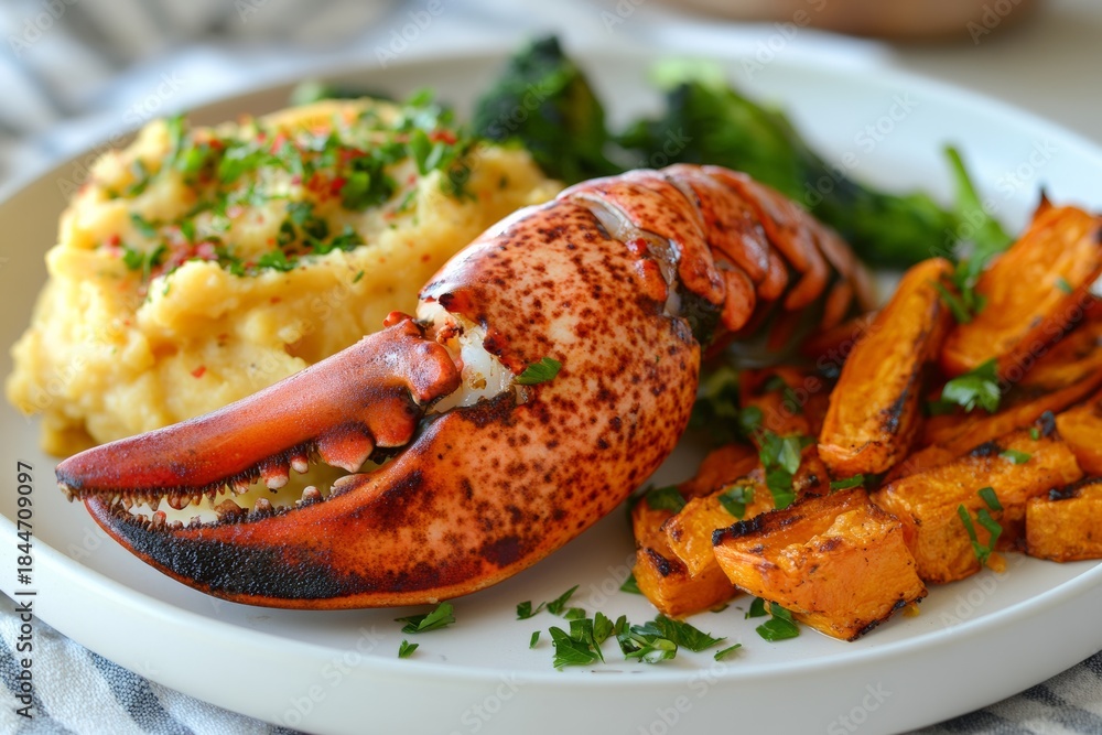 Fototapeta premium Gourmet lobster claw dish with mashed potatoes and sweet potatoes
