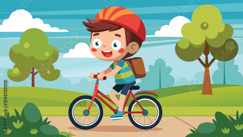 A happy young boy enjoys riding his bicycle outdoors in nature
