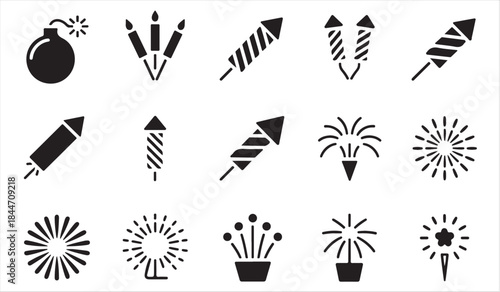 Festive fireworks symbols collection in solid black style