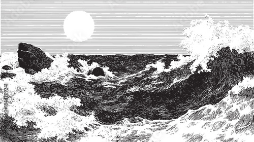 Ocean waves crashing against rocks under a setting sun. Black and white vector illustration of a natural and scenic set.