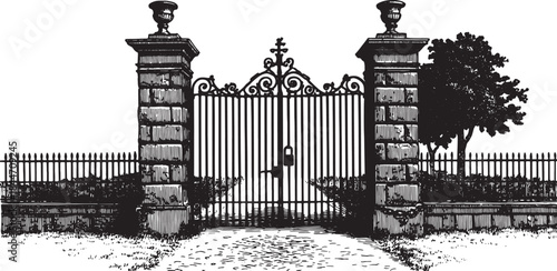 Illustration of an ornate gate and fence in black. Vintage vector design featuring a locked entrance with decorative pillars and a pathway.