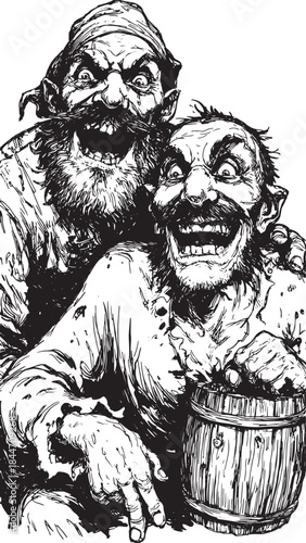 Characters in a humorous vector illustration of two smiling men with beards. This black and white sketch showcases joyful expressions and traditional outfits.