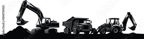 Construction Heavy Machinery Silhouettes with Excavator Dump Truck and Backhoe Loader Black Vector Illustration Isolated on White