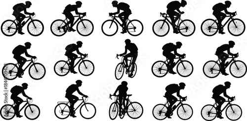 Cycling Backpacker Silhouettes Set of Bicyclists Riding Road Bikes Outdoor Travel Adventure Sport Black Vector Illustration Collection