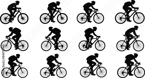 Cyclist with Backpack Silhouettes Set of Road Bike Riders Outdoor Adventure Travel Cycling Sport Black Vector Illustration